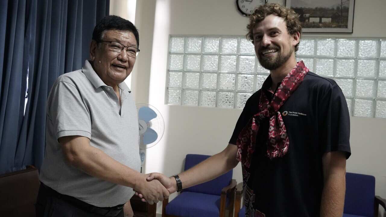 Alexander 'Zan' Campbell (R) with Dr Sanduk Ruit (L) at the Tilganga Institute of Opthalmology in Kathmandu, Nepal.