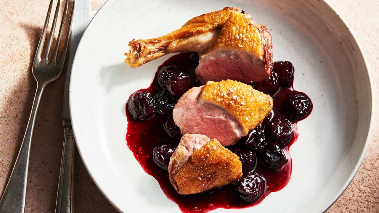 Duck breast with roasted cherries