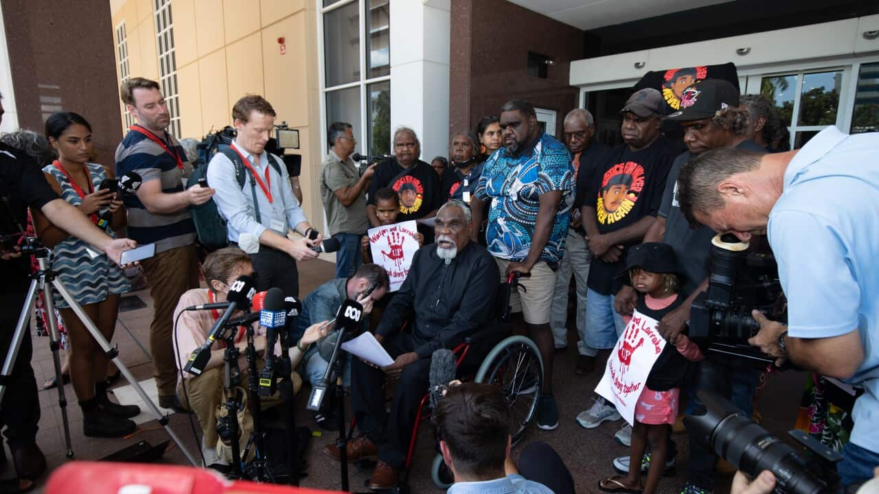 Warlpiri Elder Ned Hargraves addresses the media following the announcement of the verdict. 