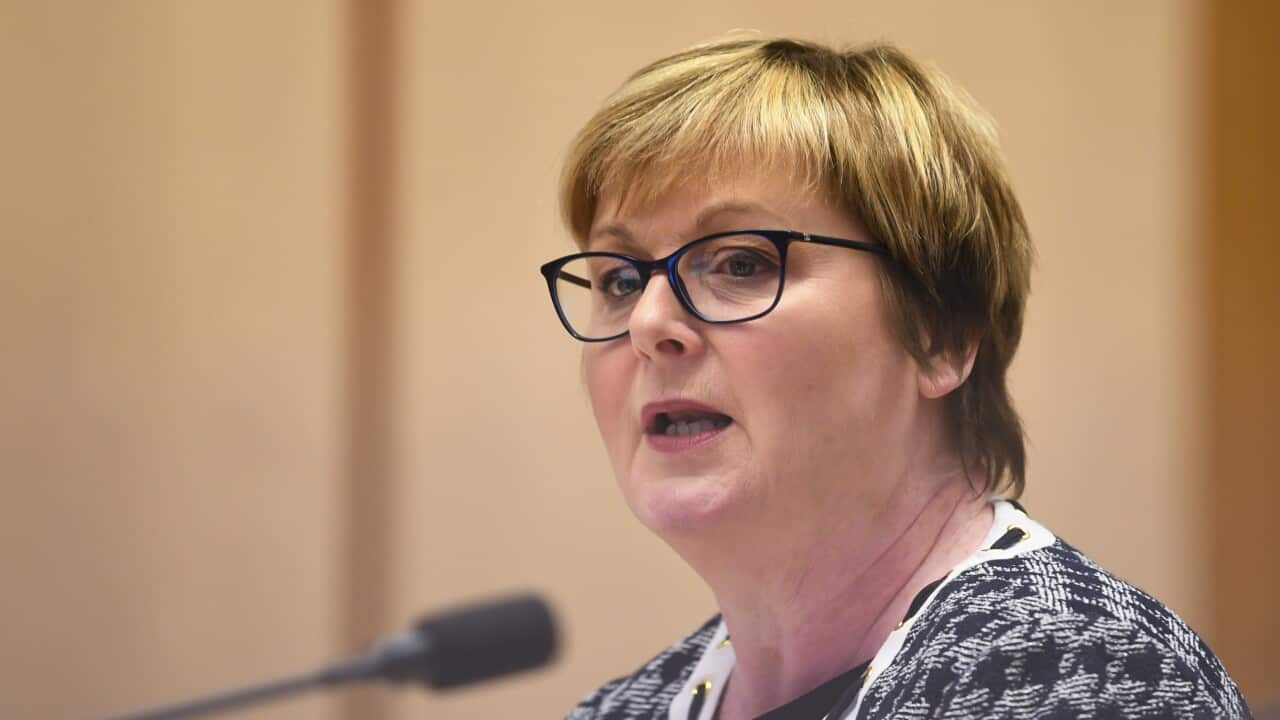 NDIS Minister Linda Reynolds speaks during a Senate inquiry at Parliament House in Canberra, May 3, 2021.