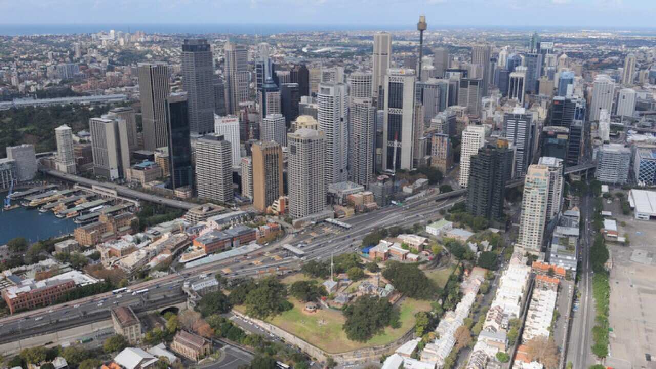 An aerial view of the central business district, Sydney, Saturday, May 15, 2010. (AAP Image/Dean Lewins) NO ARCHIVING