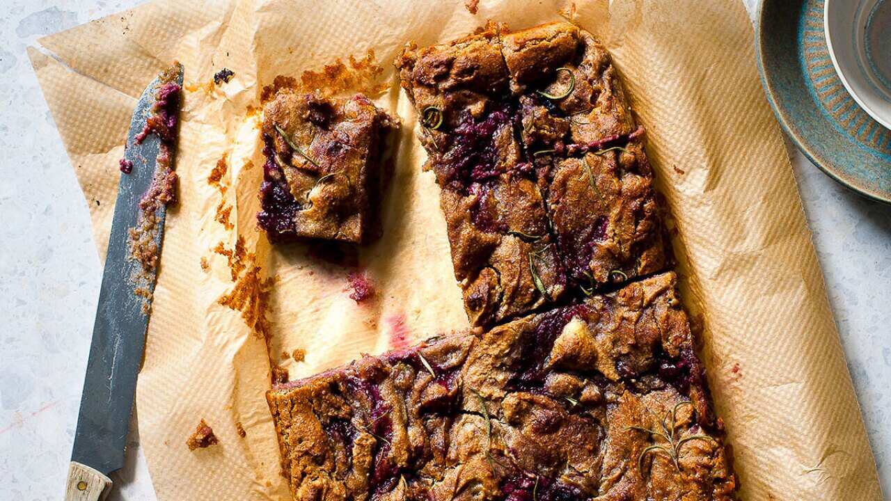 White chocolate, blackberry and rosemary mud slice