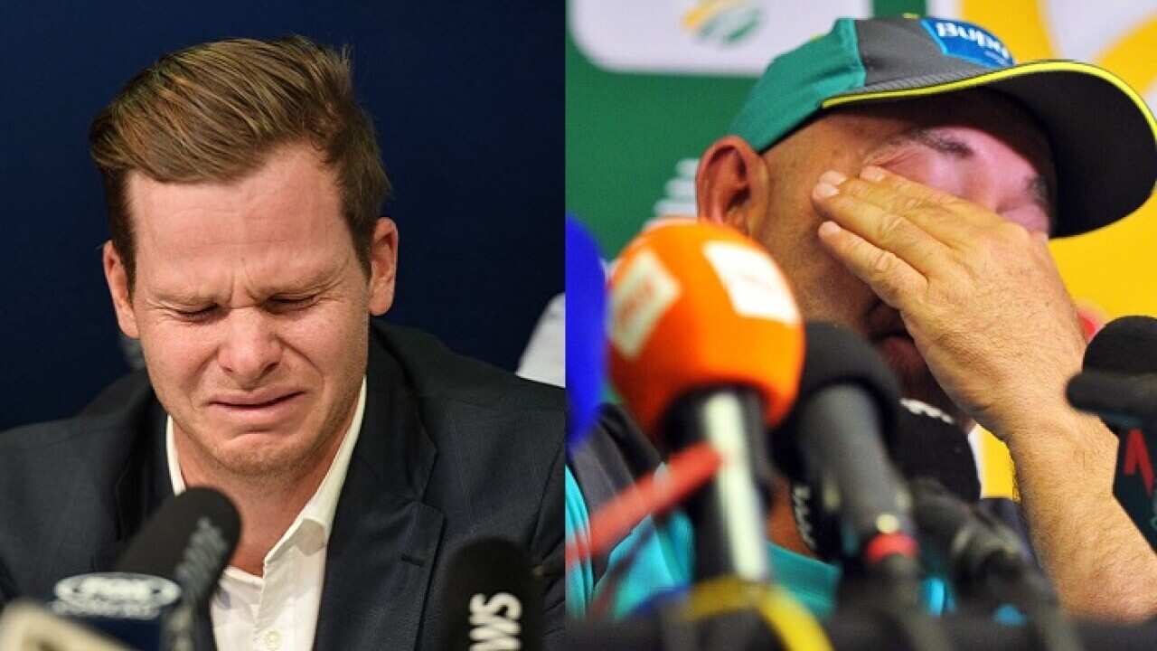 Steve Smith and Darren Lehmann at press conferences