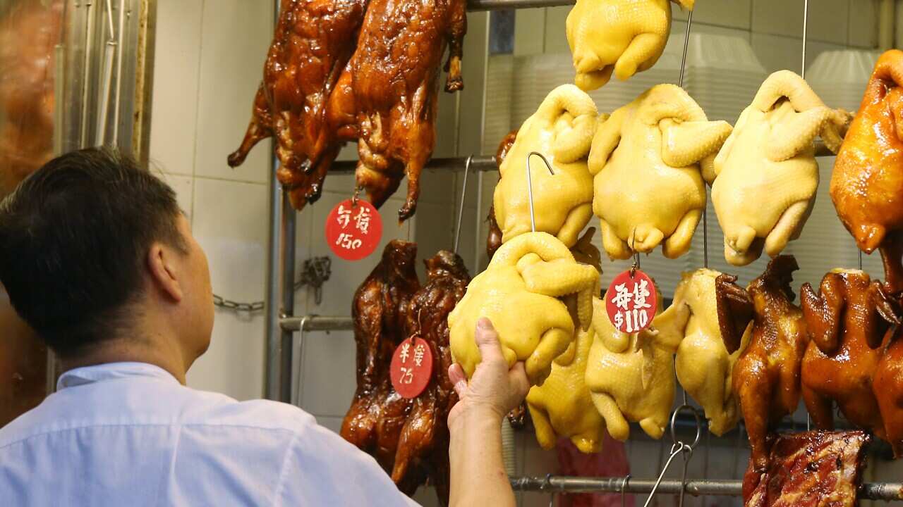 Chickens on sale at a shop in Wan Chai