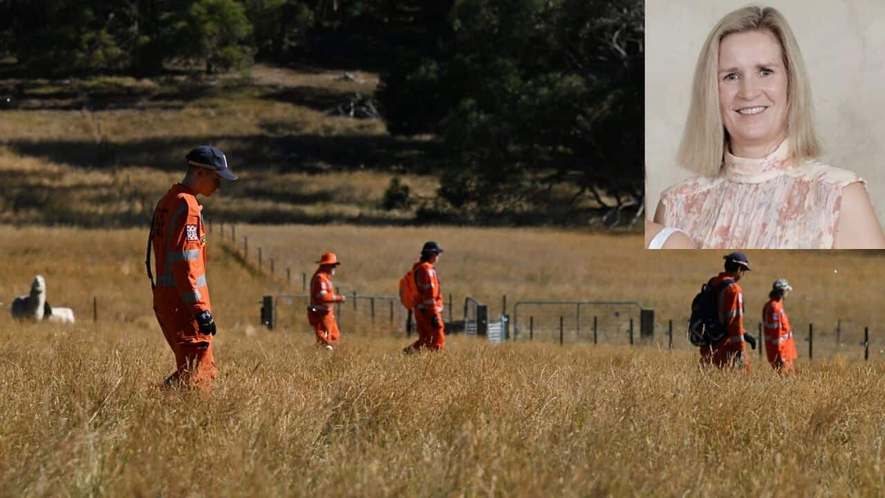 SES volunteers searching in a paddock, with a picture of a blonde woman superimposed in the top corner