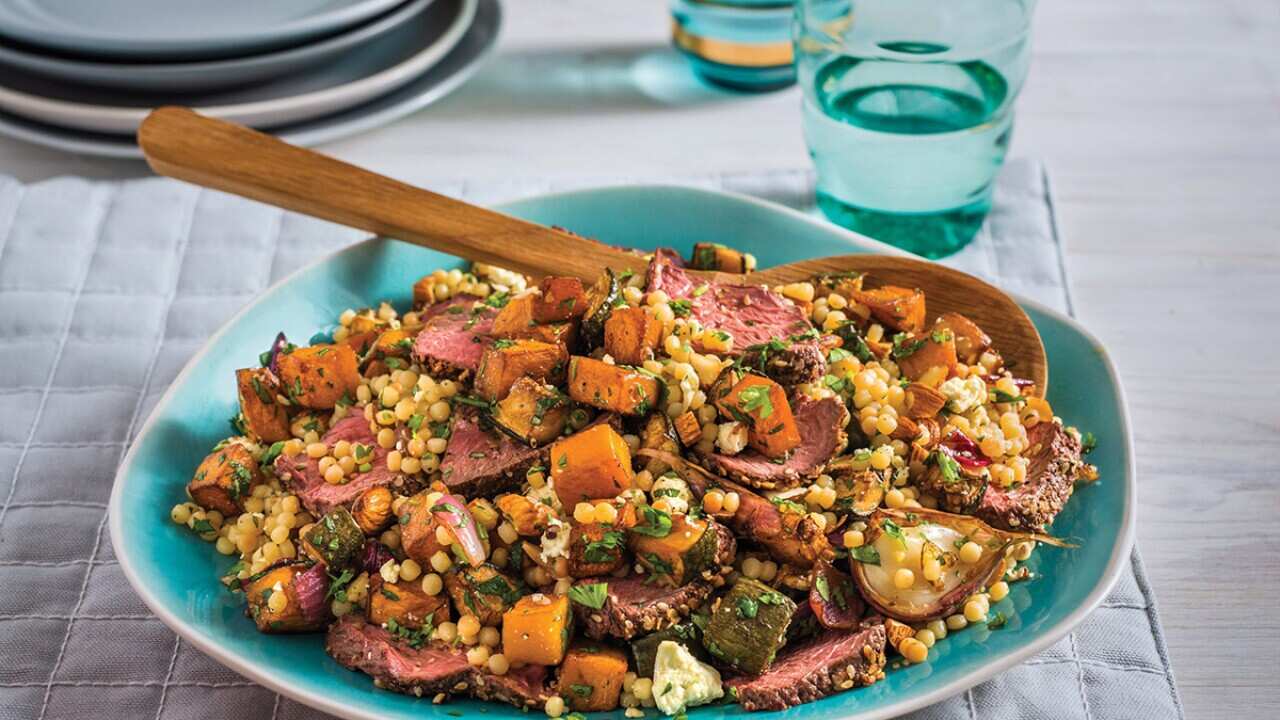 Warm couscous and pumpkin salad with dukkah kangaroo fillet