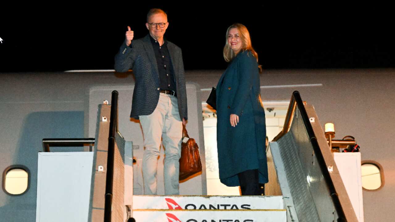 Prime Minister Anthony Albanese and partner Jodie Haydon board the plane to Europe for a Nato Leaders’ Summit