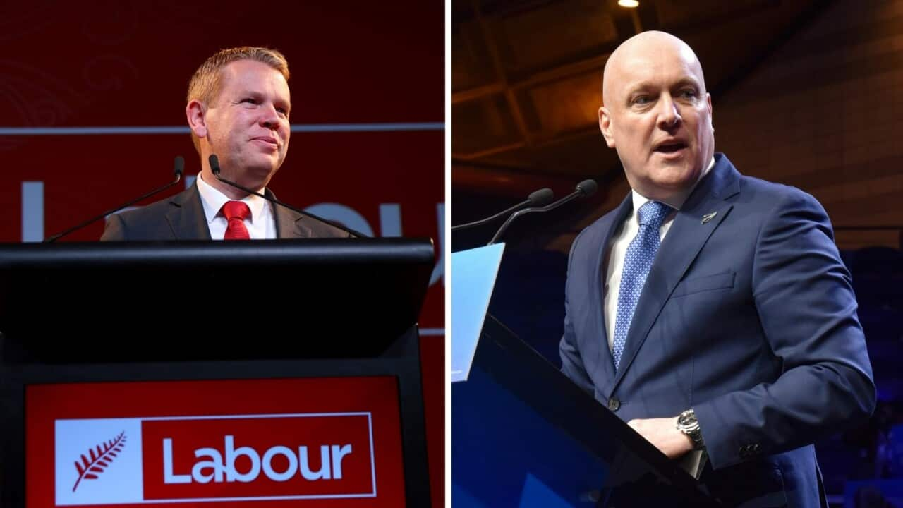 A man in front of a red podium that reads Labour and a man at a blue podium.