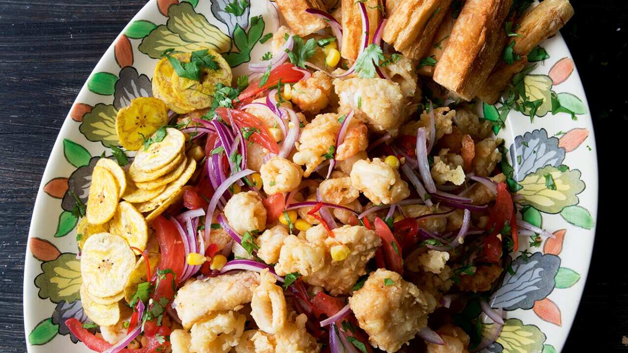 Lima-style fried seafood and yucca root medley (jalea limeña)