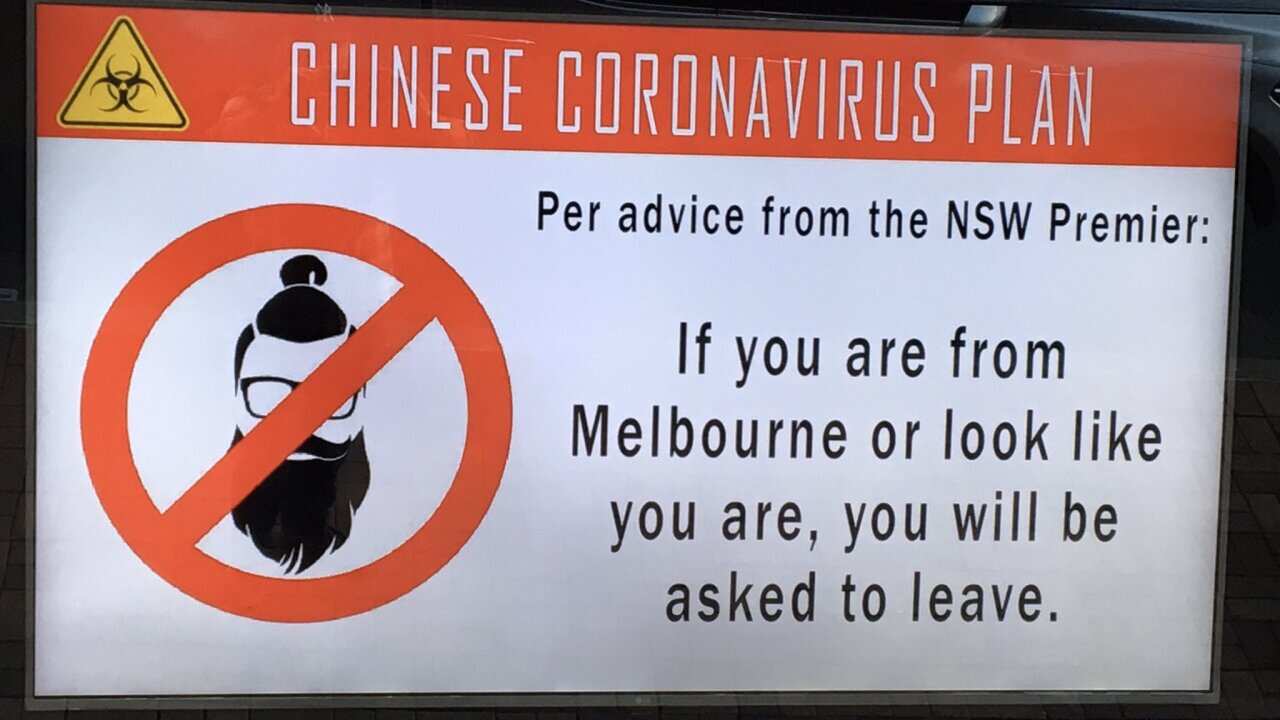 The signs, which are labelled "Chinese coronavirus plan" were reportedly projected on screens outside the Maroubra Junction Hotel.