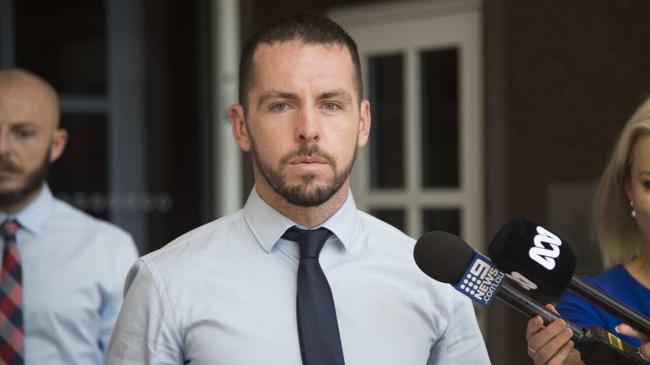 Zachary Rolfe departs the Supreme Court of the Northern Territory in Darwin, Thursday, March 10, 2022. Constable Zachary Rolfe has pleaded not guilty to murdering Kumanjayi Walker. (AAP Image/Aaron Bunch) NO ARCHIVING