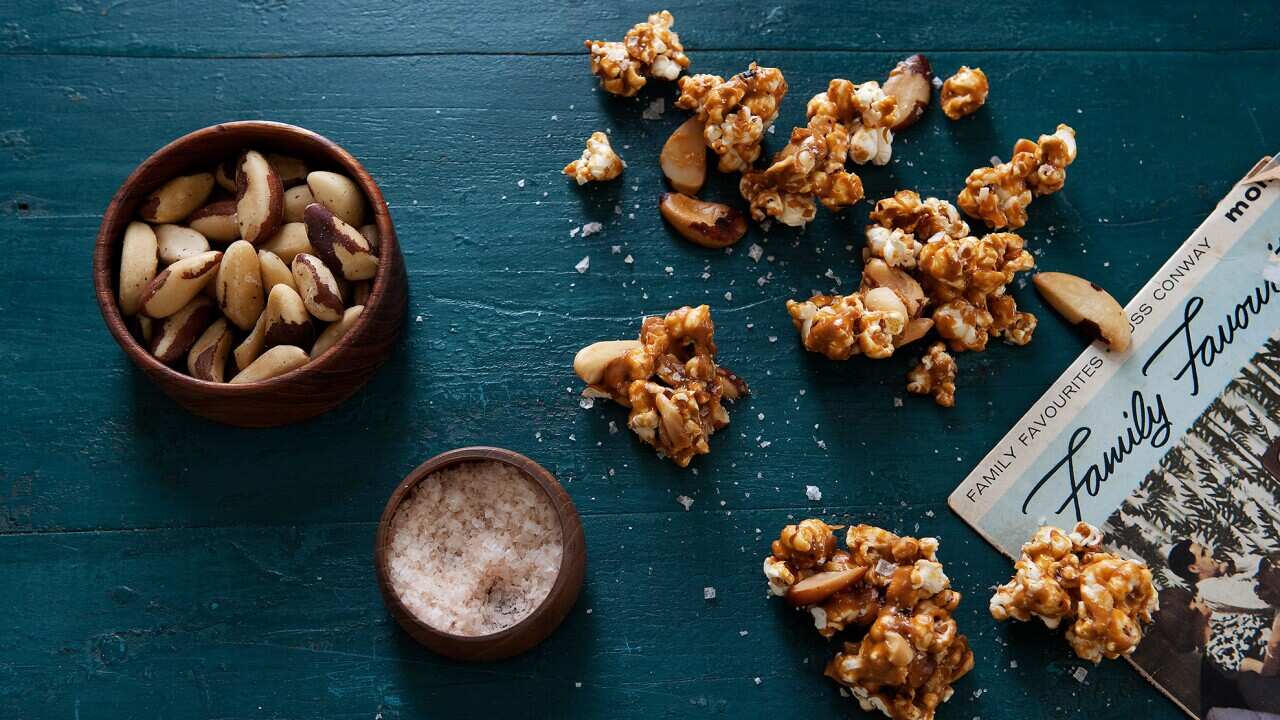 Salty caramel and Brazil nut popcorn clusters