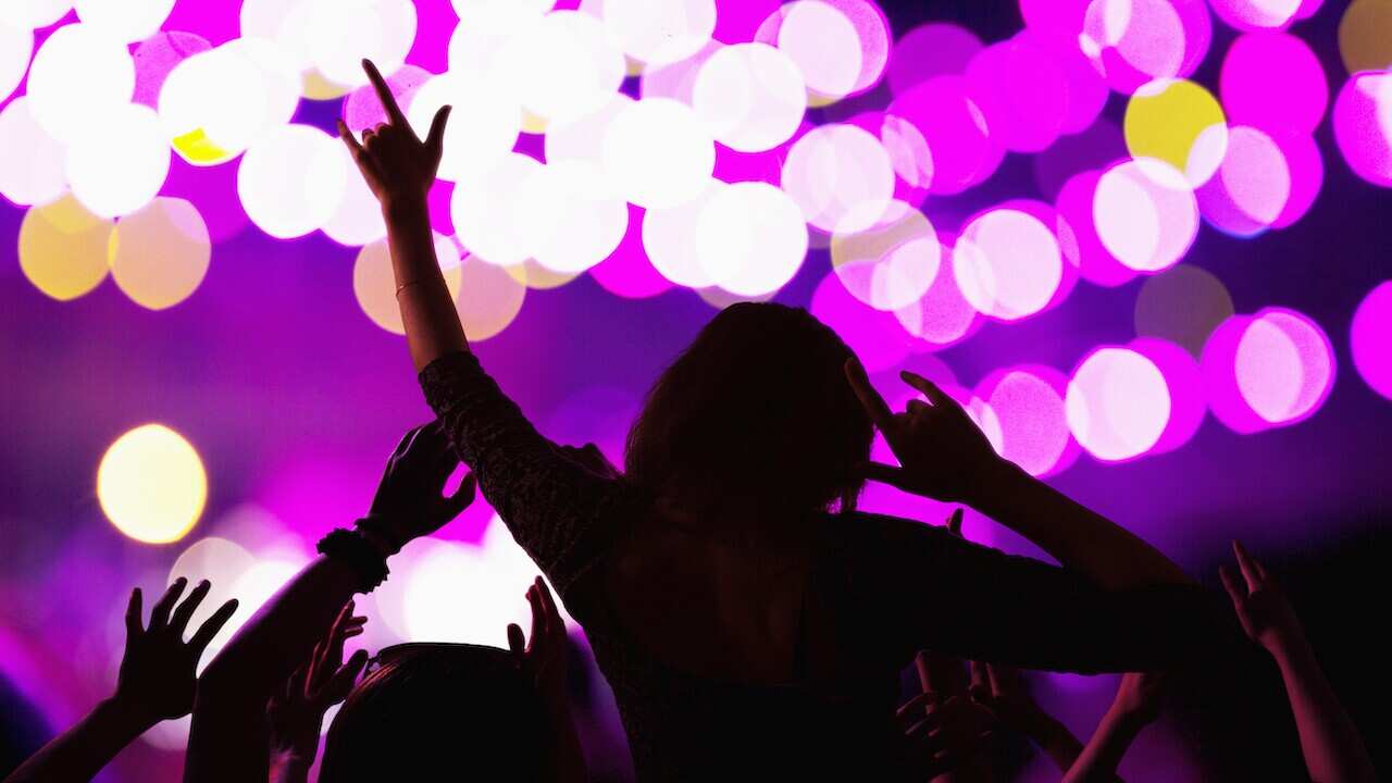 Audience watching a rock show, rear view, stage lights