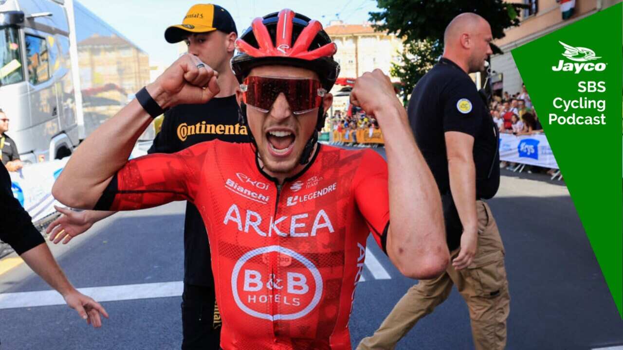 Arkea - B&B Hotels team's French rider Kevin VauquelinXXXXXXX celebrates after winning the 2nd stage of the 111th edition of the Tour de France cycling race, 199 km between Cesenatico and Bologna, on June 30, 2024. (Photo by Guillaume HORCAJUELO / POOL / AFP) (Photo by GUILLAUME HORCAJUELO/POOL/AFP via Getty Images)