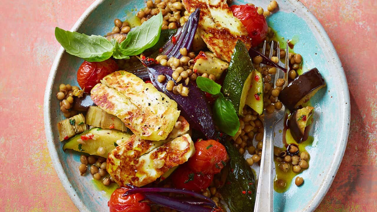 Marjoram-roasted vegetable, lentil and halloumi bake