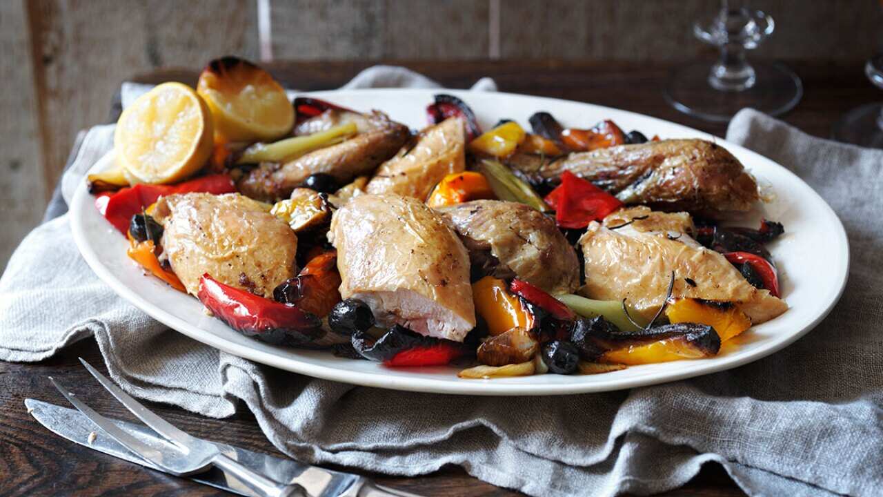 Italian roast chicken with peppers and olives