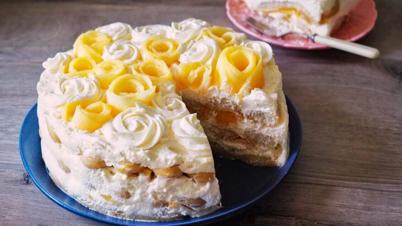 Mango-misu topped with mango and mascarpone roses