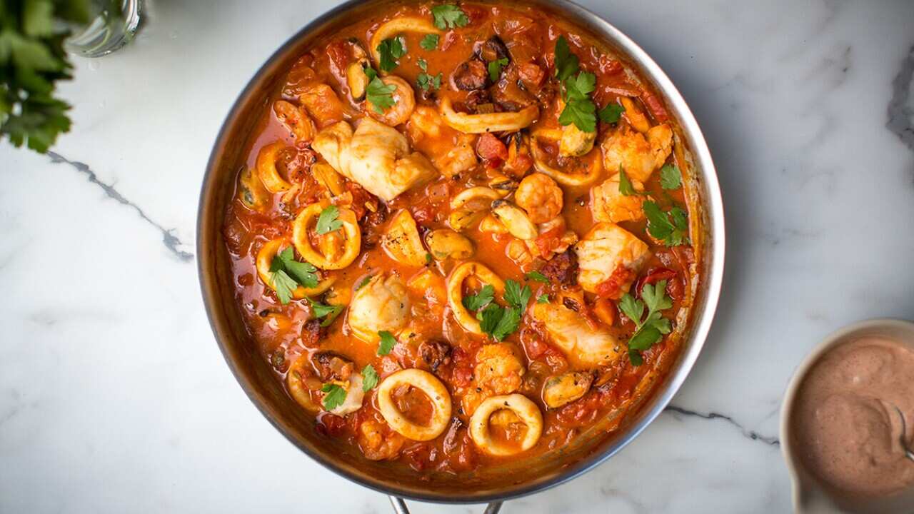 Chorizo, fennel  and tomato fish stew