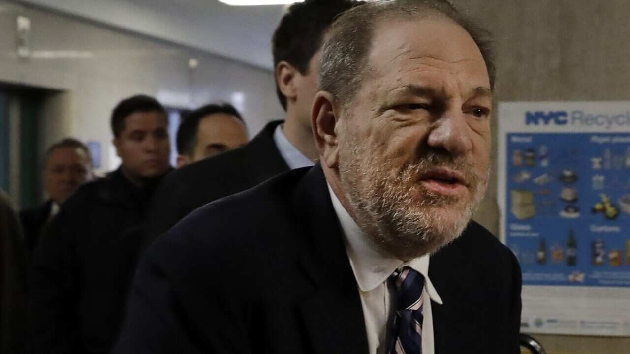 Harvey Weinstein arrives at court in his rape trial, in New York, 13 February 2020.