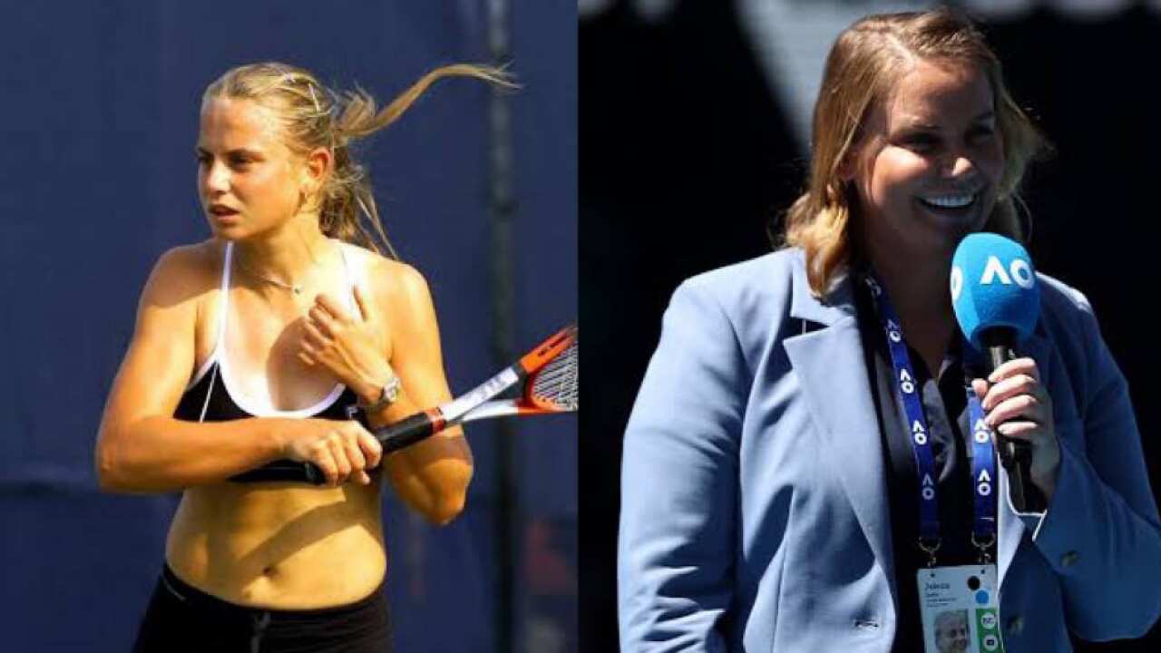 Composite image of Jelena Dokic as a young tennis player, and now as a commentator