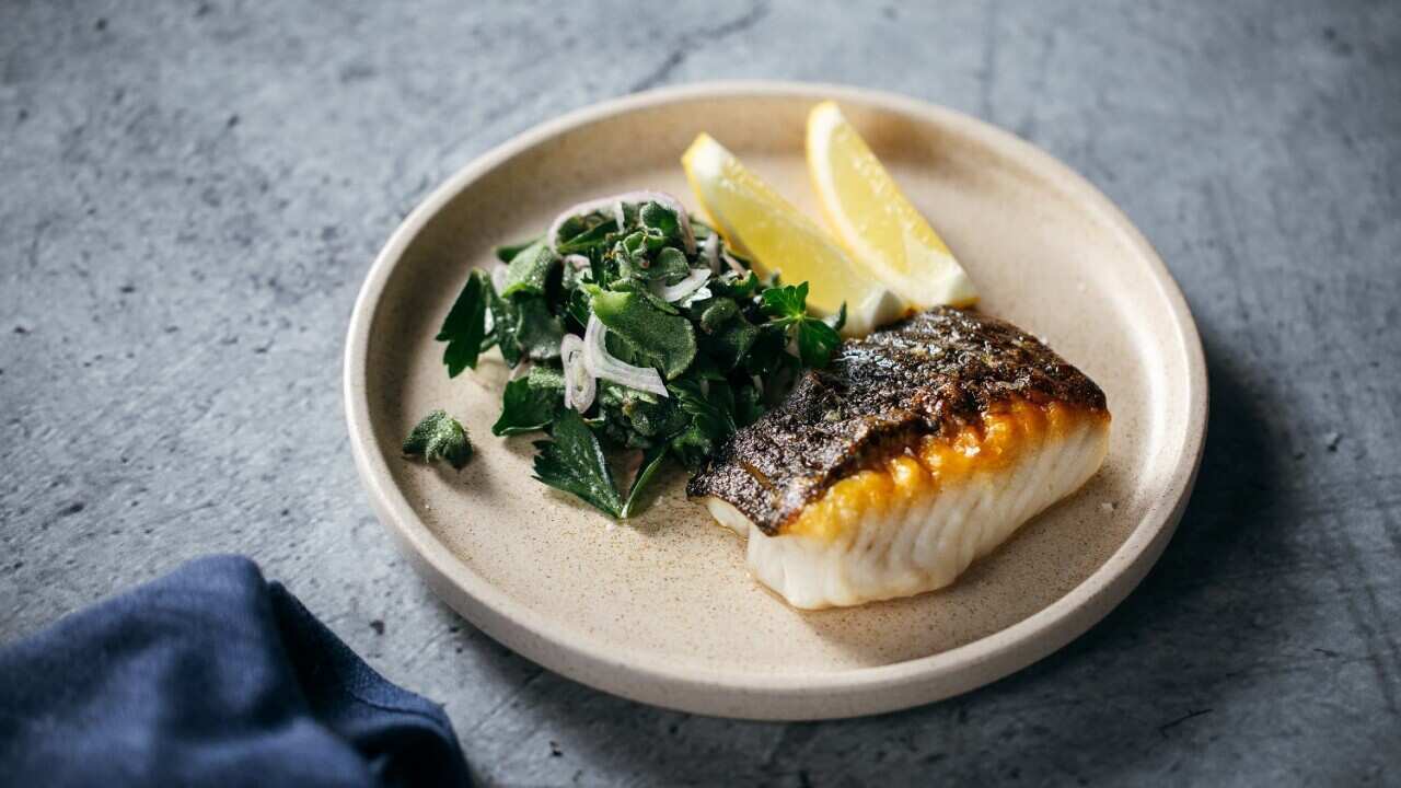 Roast Murray cod and sea herb salad