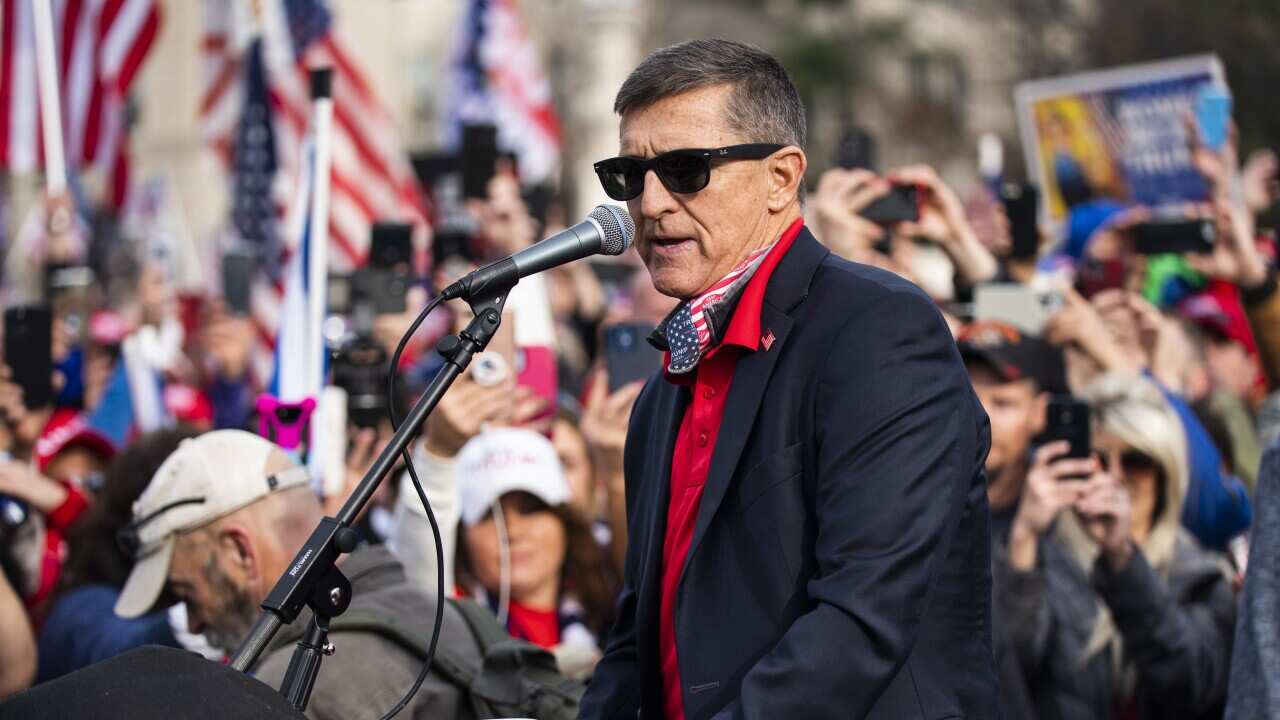 Michael Flynn speaks to supporters of US President Donald J. Trump who gathered outside the Supreme Court to echo Trump's baseless claims of voter fraud in the US presidential election, in Washington, DC, USA, 12 December 2020. 