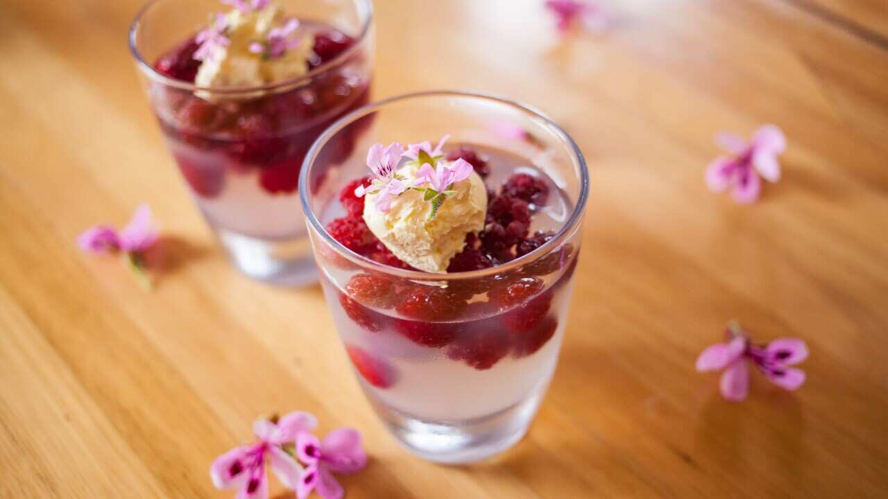 Rose geranium jelly with raspberries