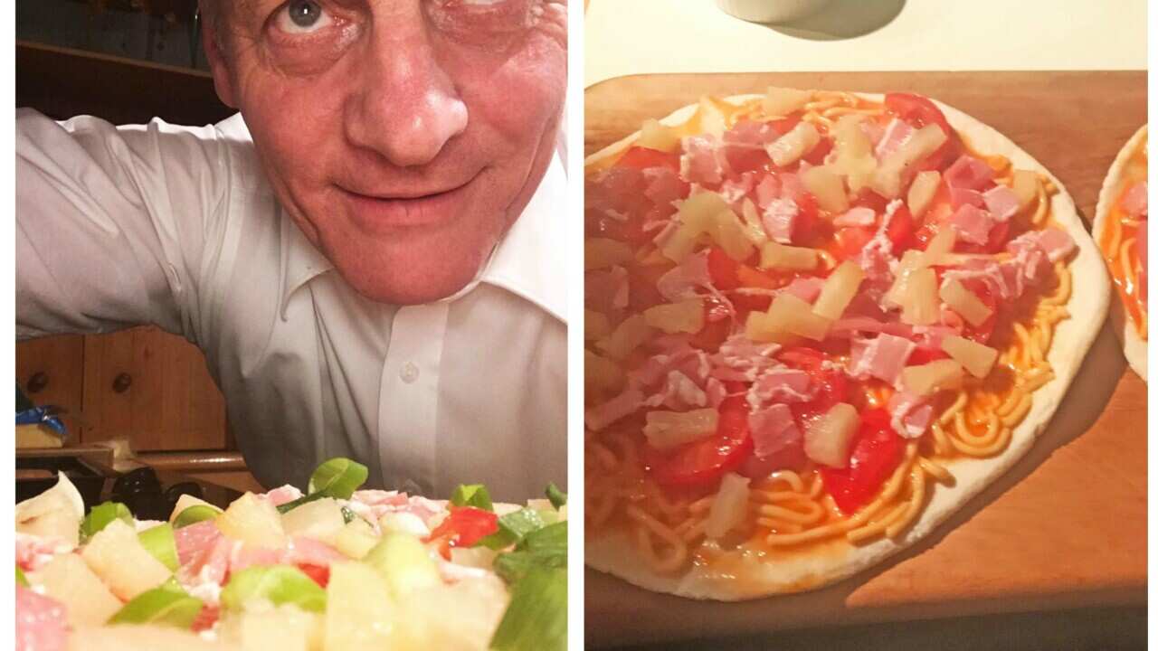 New Zealand Prime Minister Bill English with his tinned spaghetti pizza