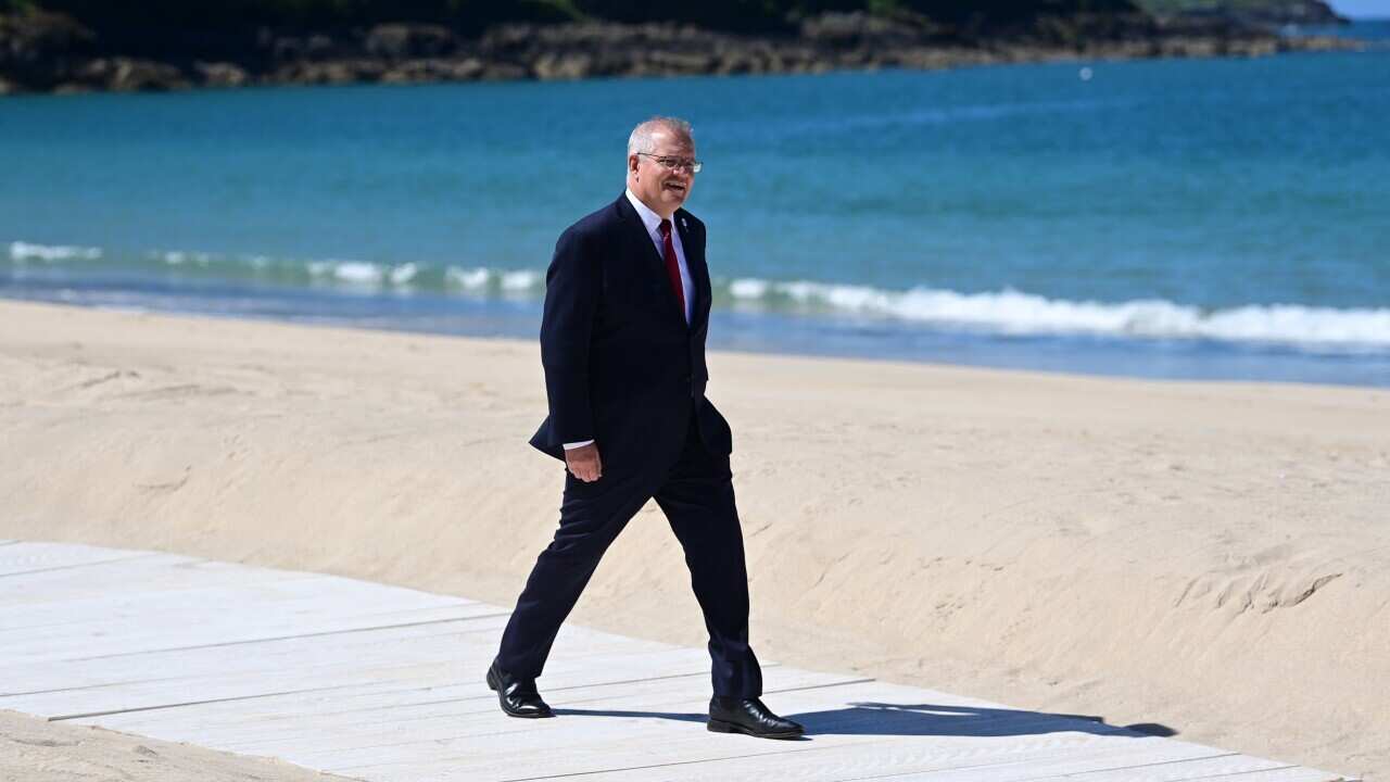 Prime Minister Scott Morrison during the G7 Summit in Carbis Bay, Britain, 12 June 2021. 