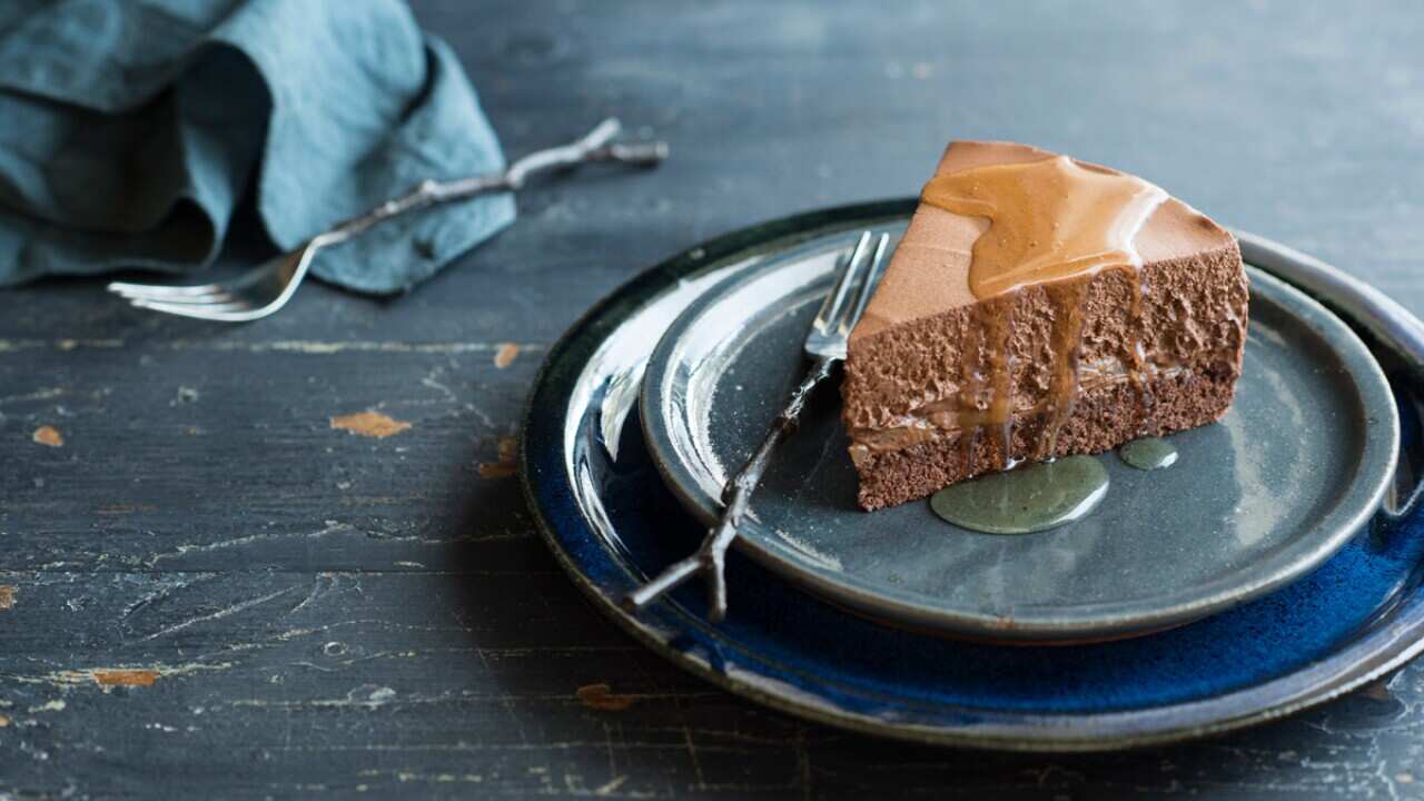 Chocolate, pear and rum mousse cake