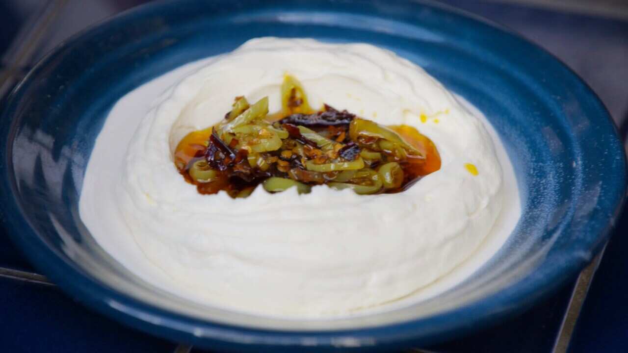 Atom yoghurt (Turkish labne with dried chillies and fresh peppers)