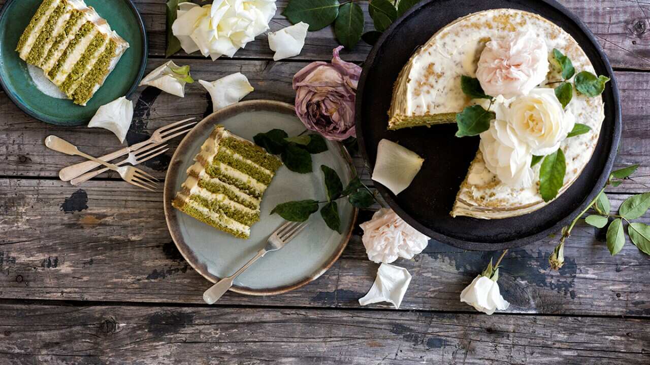 Matcha and almond layer cake