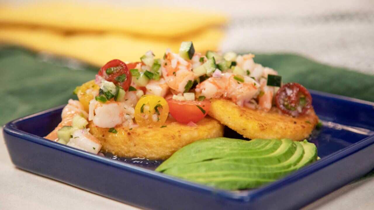 Polenta cakes with shrimp ceviche