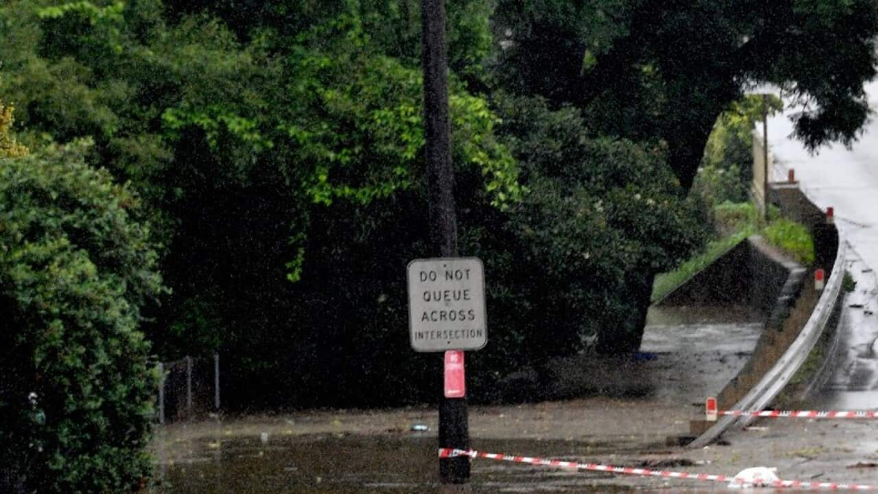 People look out at a flooded residential area in the Windsor area in northwestern Sydney 