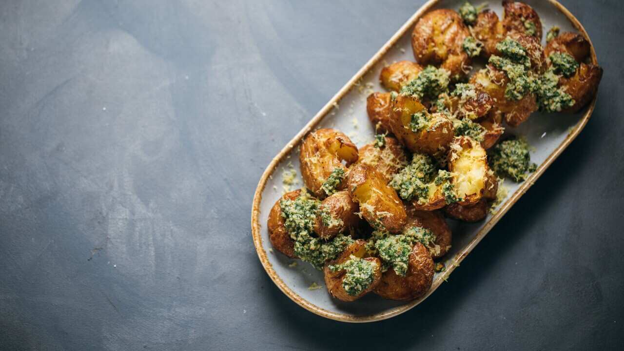 Smashed potatoes with watercress pesto