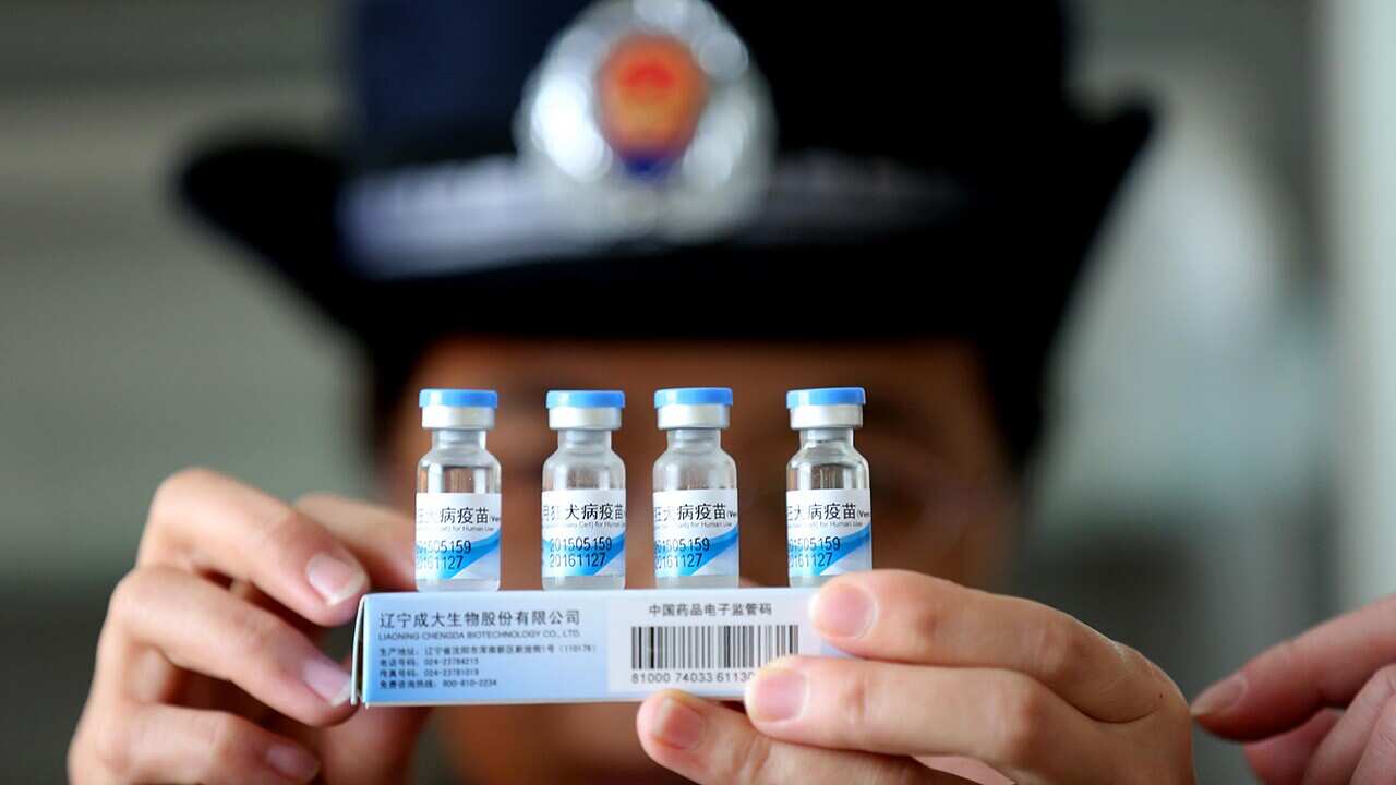  A Chinese law enforcement officer checks rabies vaccine at a disease prevention and control center in Rongan county, 21 March 2016. (AAP) 