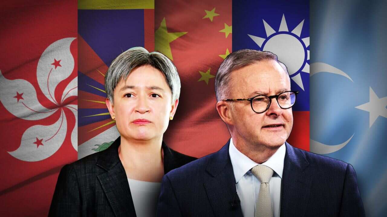 Portraits of Penny Wong and Anthony Albanese in front of the Hong Kong, Tibet, China, Taiwan and Uyghur flags.