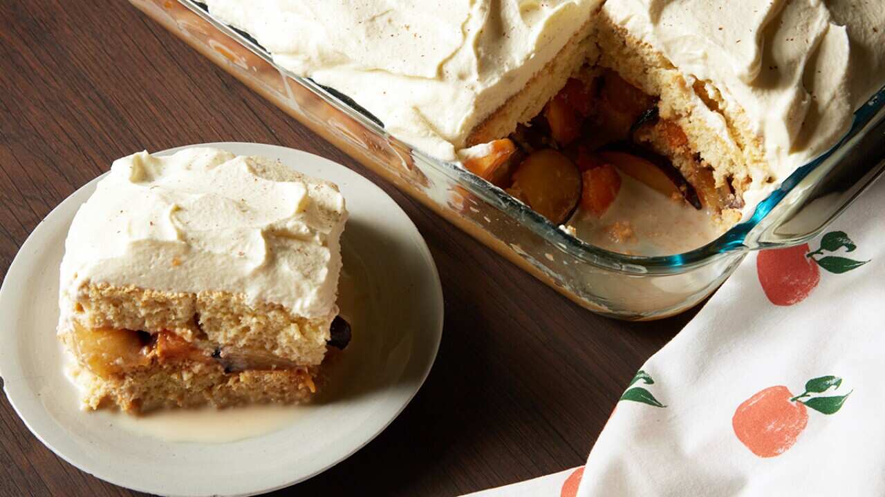 Cuatro leches cake with plums and apricots