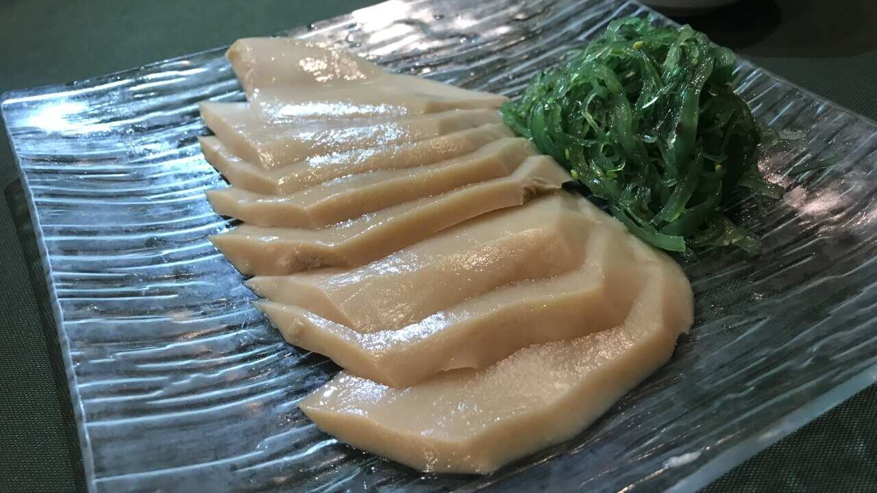 Chilled king oyster mushroom - a vegan dish, made to look like sushi, offered at Pure Veggie House in Hong Kong. 