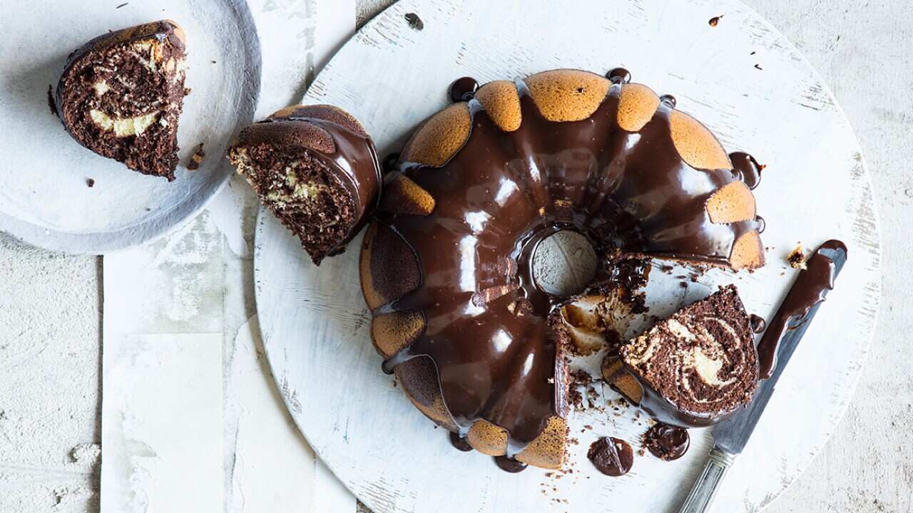 Zebra cake with chocolate fudge glaze