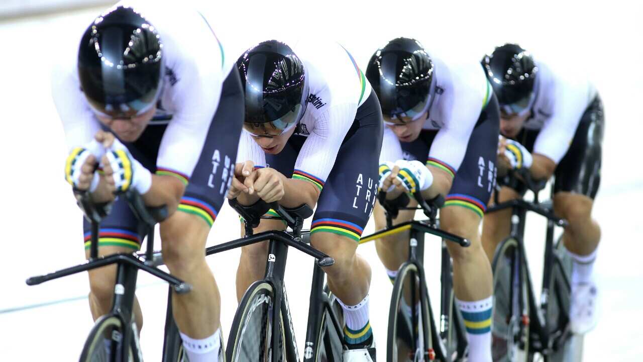 The Australian men's individual pursuit team at Cambridge, New Zealand, UCI Track World Cup 