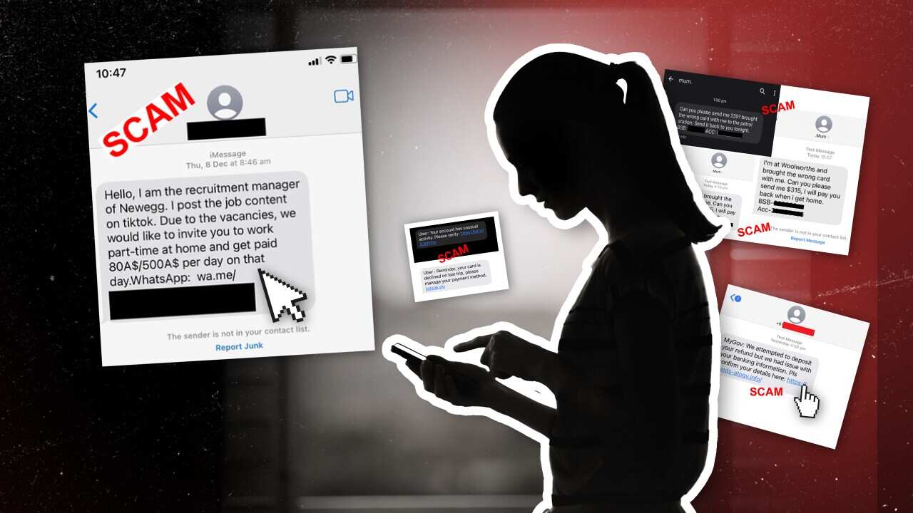 An image with a silhouette of a woman looking at her phone surrounded by messages with "scam" written in red letters across them