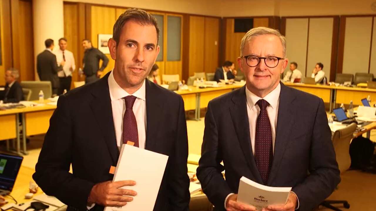 Leader of Labor Anthony Albanese (right) and shadow treasurer Jim Chalmers in the Parliament at budget night.