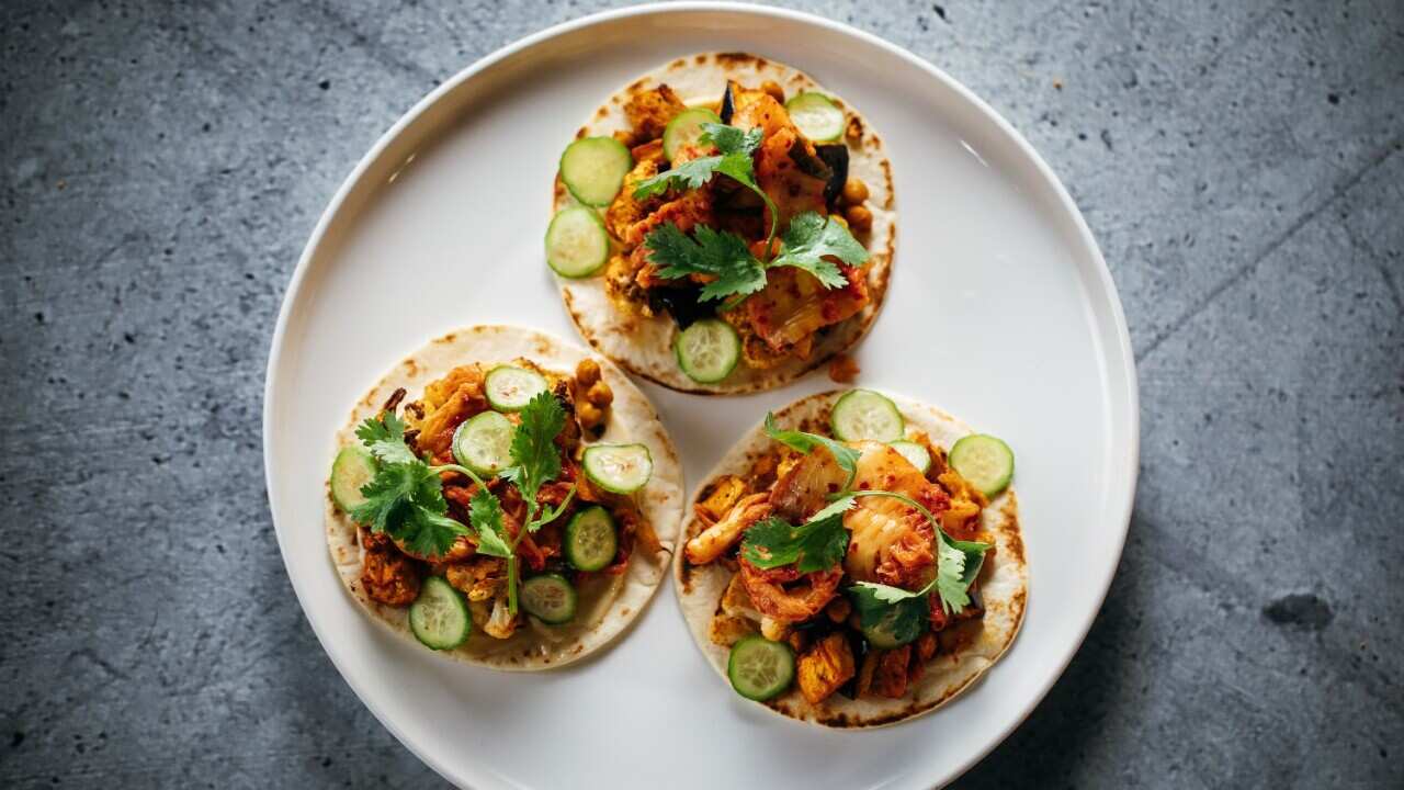 Kimchi, eggplant and cauliflower tacos