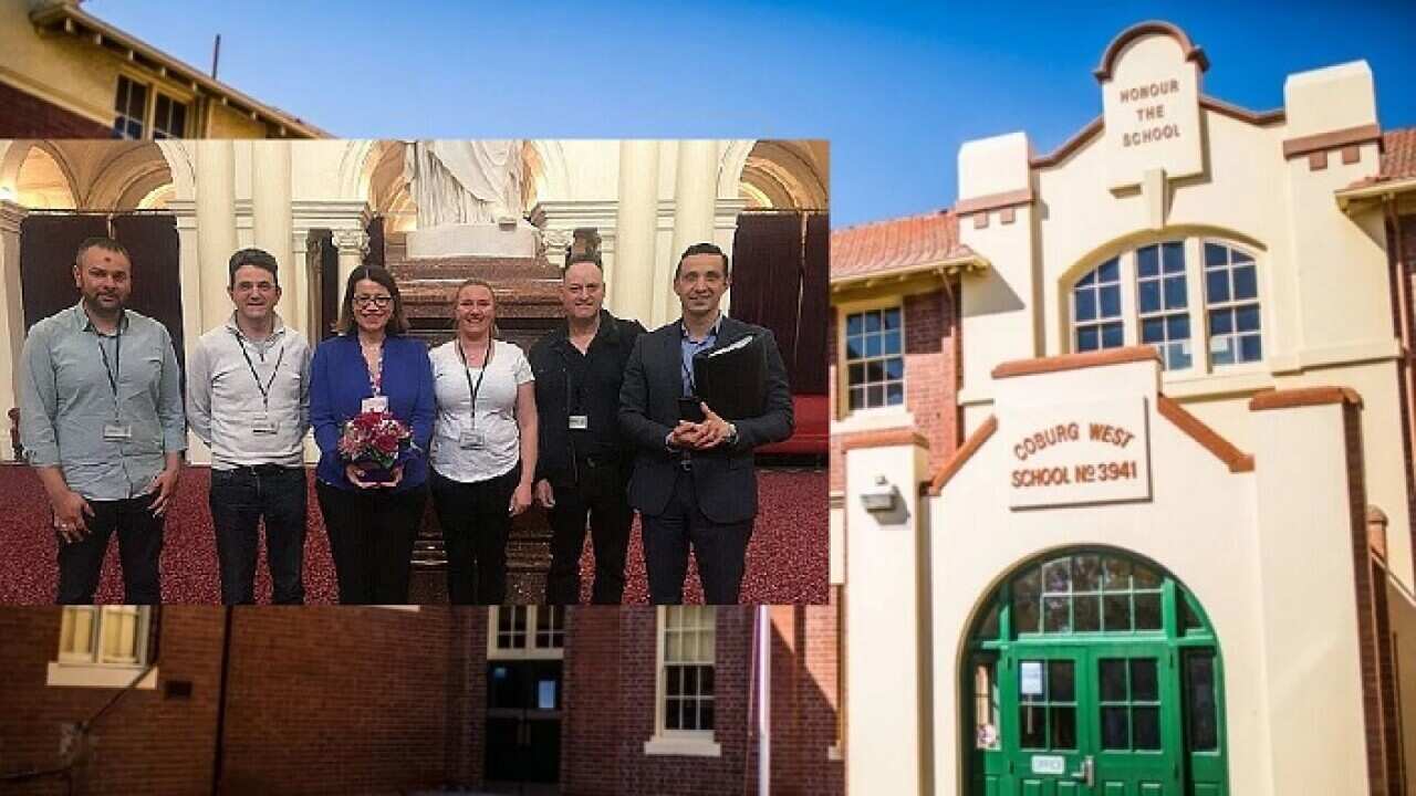 Victorian Minister Jenny Mikakos with Greek Community of Melbourne vice president and education convenor Theo Markosand Coburg West Primary School's parents. 