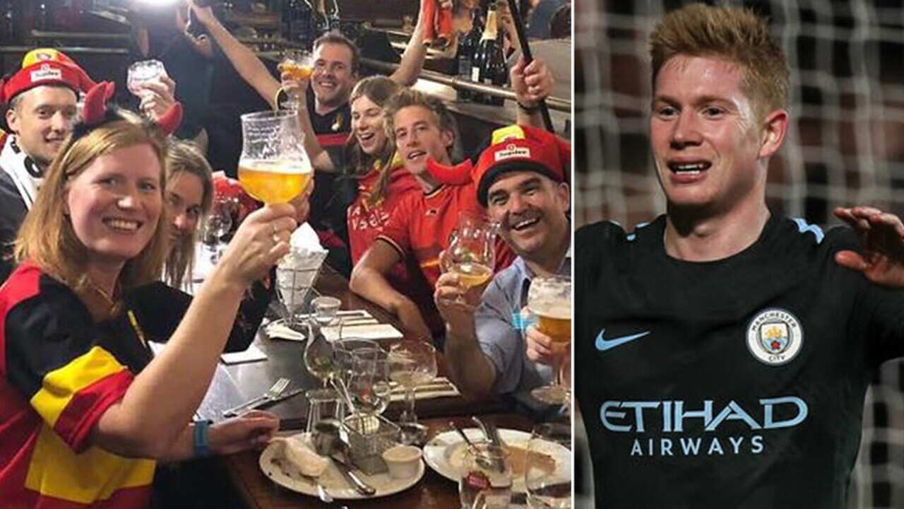 Left: Members of Australia's Belgian community gather in Sydney. Right: Star player Kevin De Bruyne.