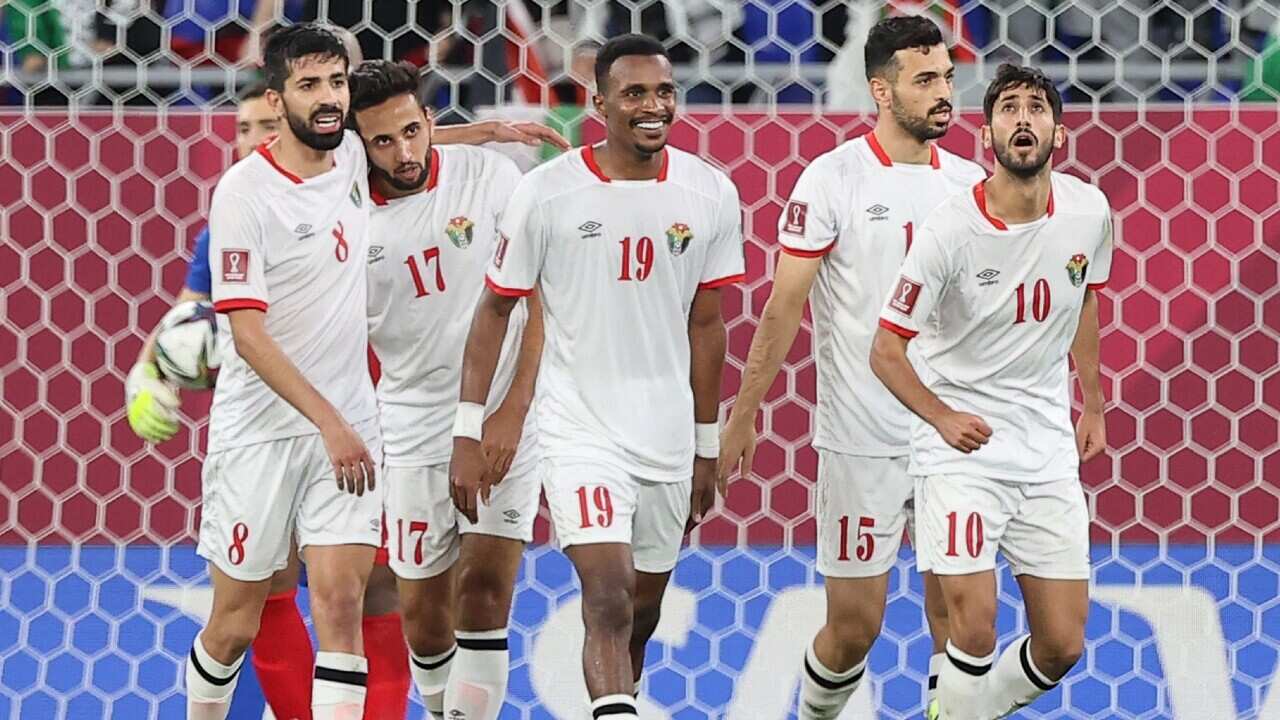 Jordan players celebrate a goal at the FIFA Arab Cup