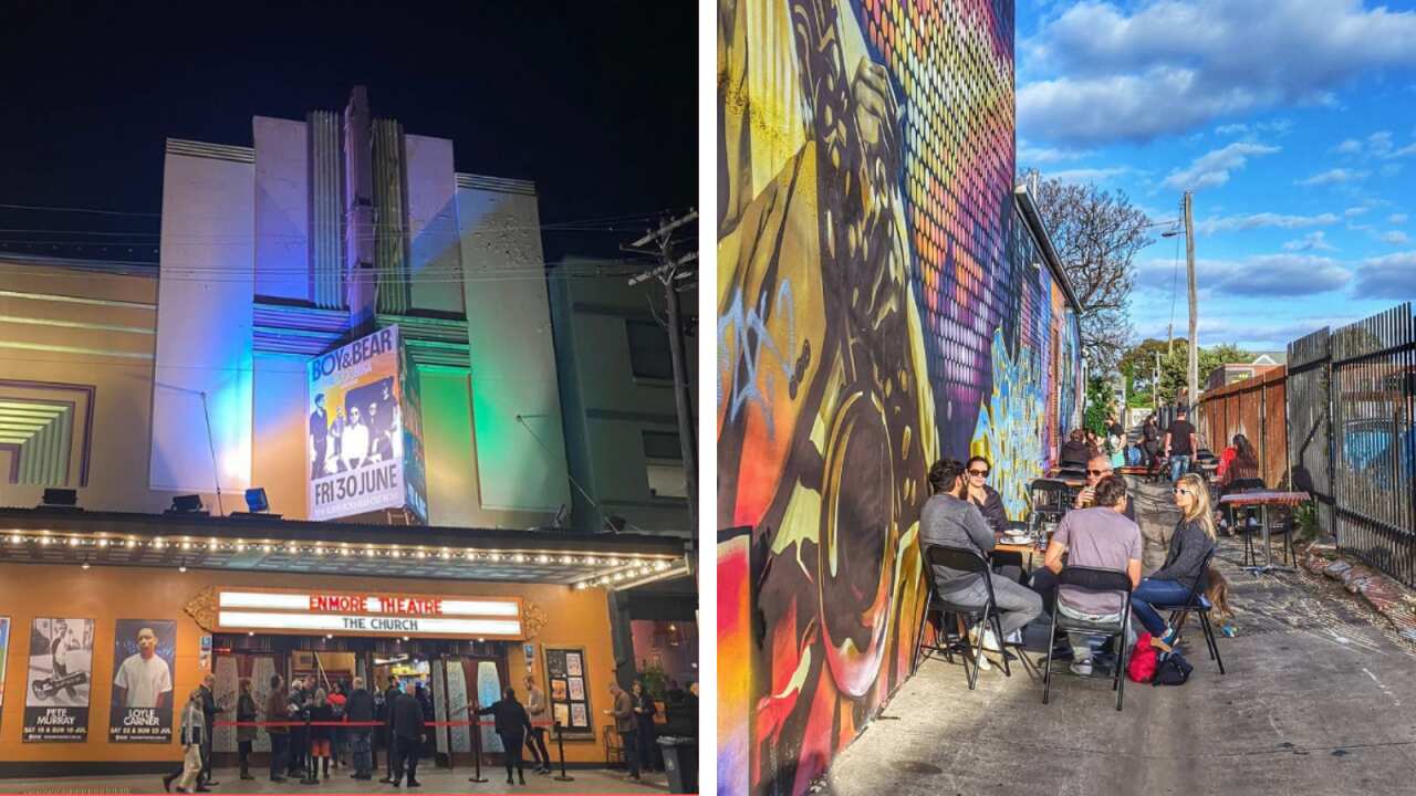 A composite image of an art deco theatre and people sitting in a laneway.