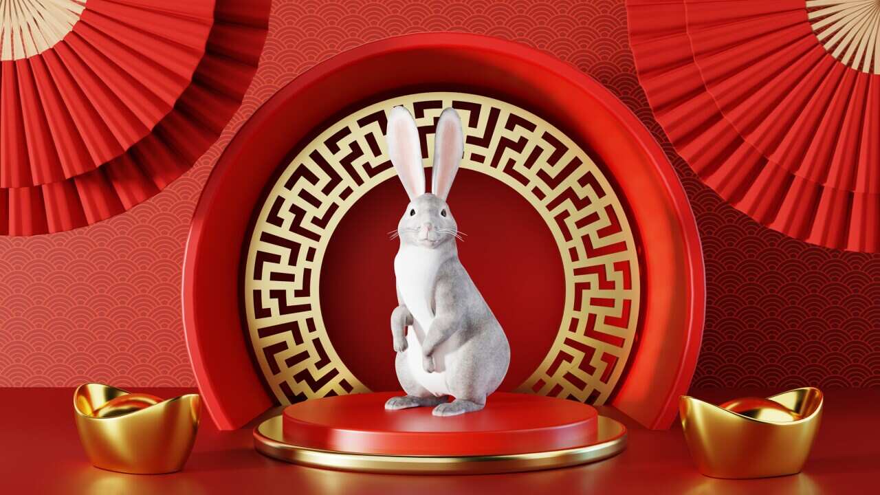 Chinese new year 2023 year of rabbit or bunny on red Chinese pattern with hand fan background. Holiday of Asian and traditional culture concept. 3D illustration rendering