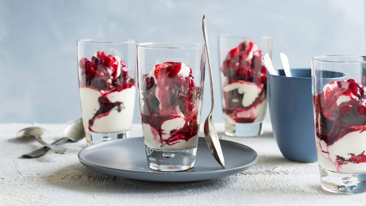 Minted raspberry brownie trifles